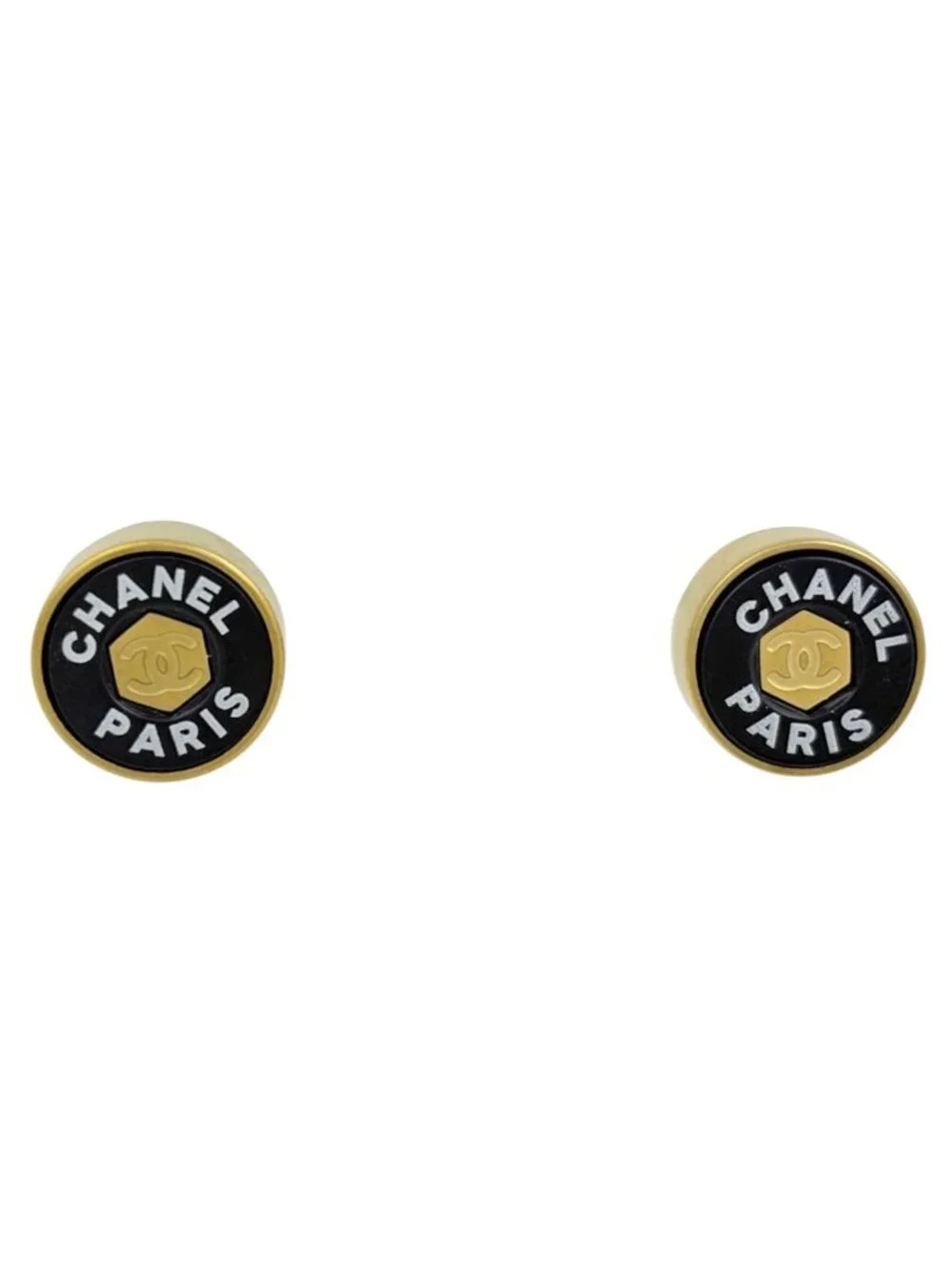 Chanel Earrings CC Logo Round Gold Plated Black